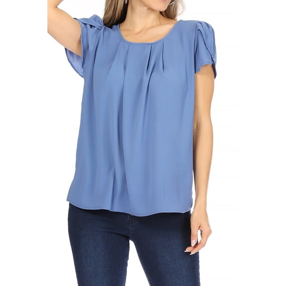 MOA Collection Women's Casual Pleated Front Petal Cap Sleeve Round Neck Blouse