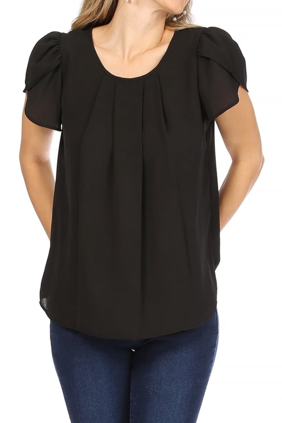 Women's Casual Pleated Front Petal Cap Sleeve Round Neck Blouse