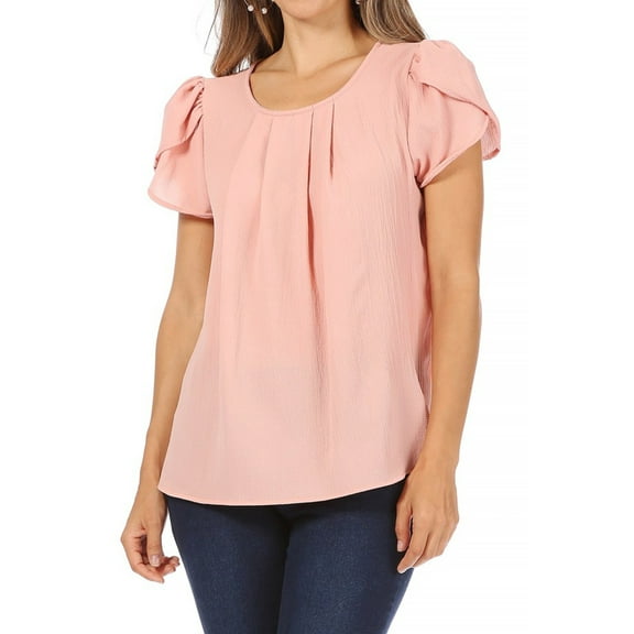 MOA Collection Women's Casual Pleated Front Petal Cap Sleeve Round Neck Blouse
