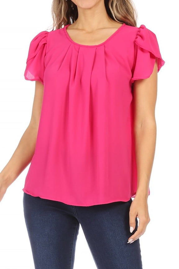 Women's Casual Pleated Front Petal Cap Sleeve Round Neck Blouse