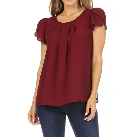 MOA Collection Women's Casual Pleated Front Petal Cap Sleeve Round Neck Blouse