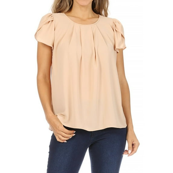 Women's Casual Solid Pleated Front Petal Cap Sleeve Round Neck Blouse