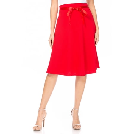 Women's Elegant A-Line Midi Skirt - High Waist with Bow Tie Detail