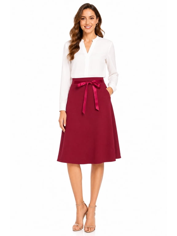 Women's Elegant High Waist A-Line Midi Skirt with Bow Tie Detail