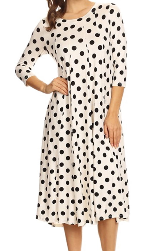 Women's Loose Fit Scoop Neck 3/4 Sleeve Polka Dot Patterned A-Line Midi Dress