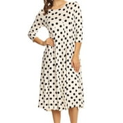 MOA Collection Womens Loose Fit Scoop Neck 3/4 Sleeve Polka Dot Patterned A-Line Midi Dress