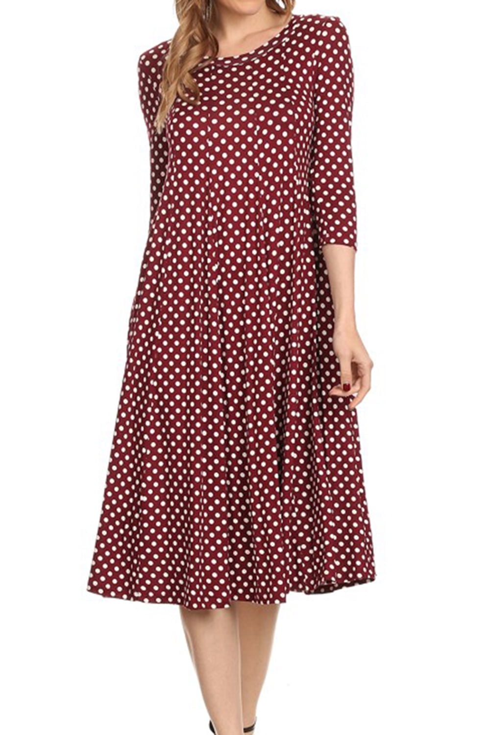 Loose O-neck Polka Dot 3/4 Sleeve Women Maxi Dress