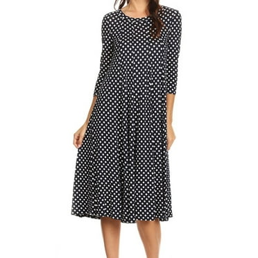 MOA Collection Women's Loose Fit Scoop Neck 3/4 Sleeve Polka Dot Patterned A-Line Midi Dress