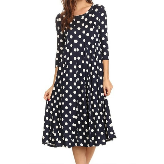MOA Collection Women's Loose Fit Scoop Neck 3/4 Sleeve Polka Dot Patterned A-Line Midi Dress