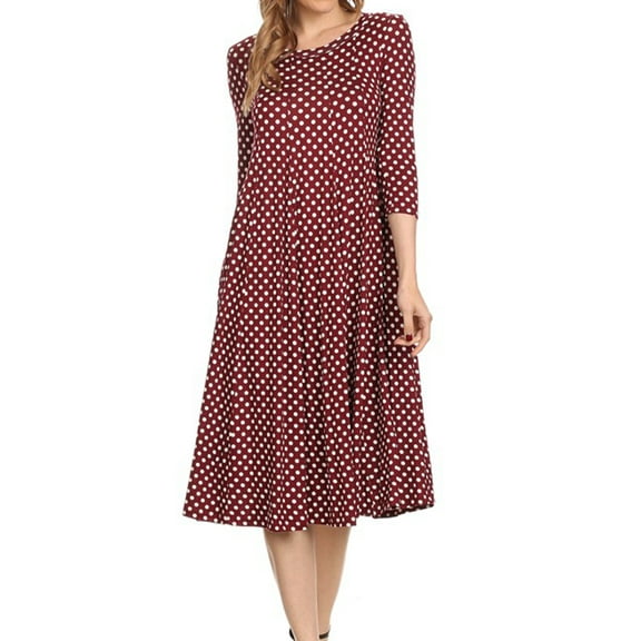 MOA Collection Women's Loose Fit Scoop Neck 3/4 Sleeve Polka Dot Patterned A-Line Midi Dress