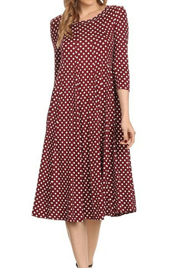 Women's Loose Fit Scoop Neck 3/4 Sleeve Polka Dot Patterned A-Line Midi Dress