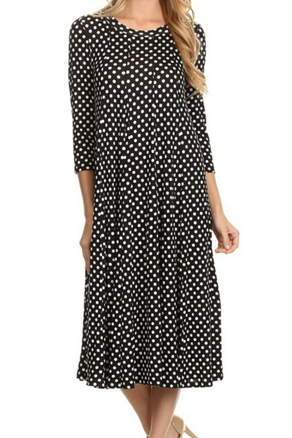 Women's Loose Fit Scoop Neck 3/4 Sleeve Polka Dot Patterned A-Line Midi Dress
