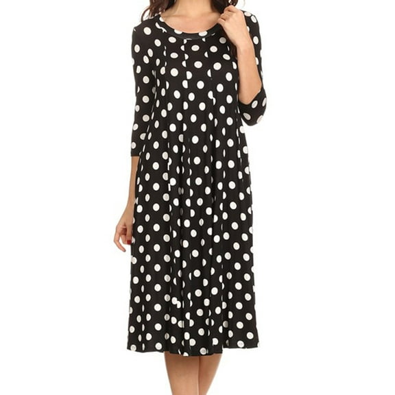 MOA Collection Women's Loose Fit Scoop Neck 3/4 Sleeve Polka Dot Patterned A-Line Midi Dress