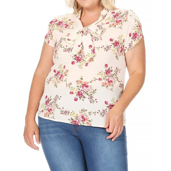 Women's Plus Size Casual Floral Petal Sleeve Bow Tie Neck Short Sleeve Blouse Shirt Top