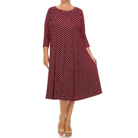 MOA Collection Women's Plus Size A-line Round Neck 3/4 Sleeves Polka Dot Dress