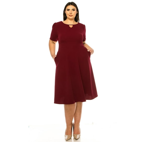 MOA Collection Women's Plus Size Dress with Puff Sleeves and Keyhole Front Casual Chic with Side Pock