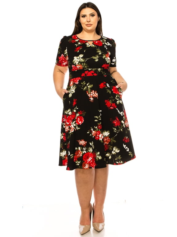 MOA Collection Women's Plus Size Dress with Puff Sleeves and Keyhole Front Casual Chic with Side Pock
