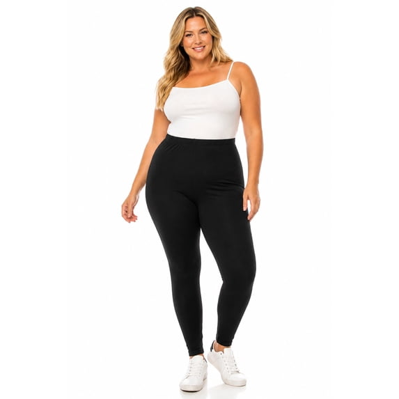 Women's Plus Size Microfiber Full Length Solid Leggings, Soft Stretch High Waist Pants