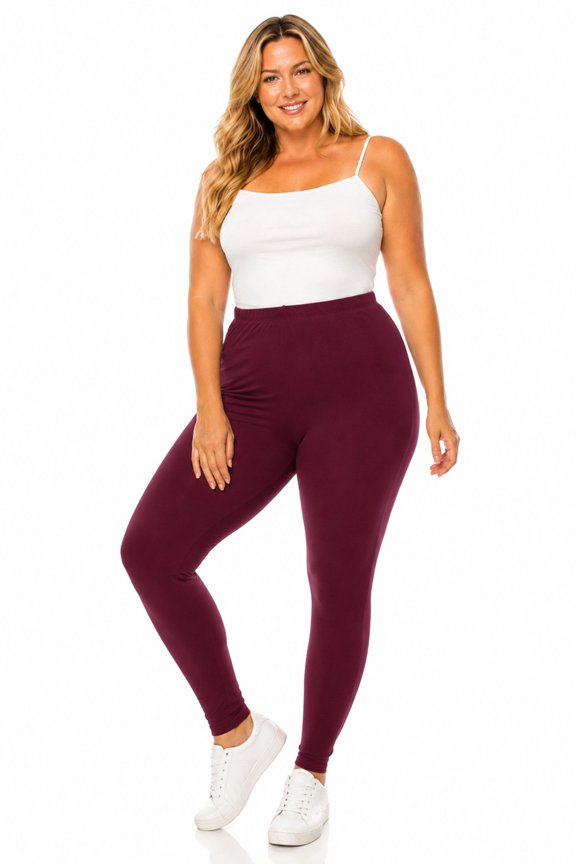 Women's Plus Size Microfiber Full Length Solid Leggings, Soft Stretch High Waist Pants
