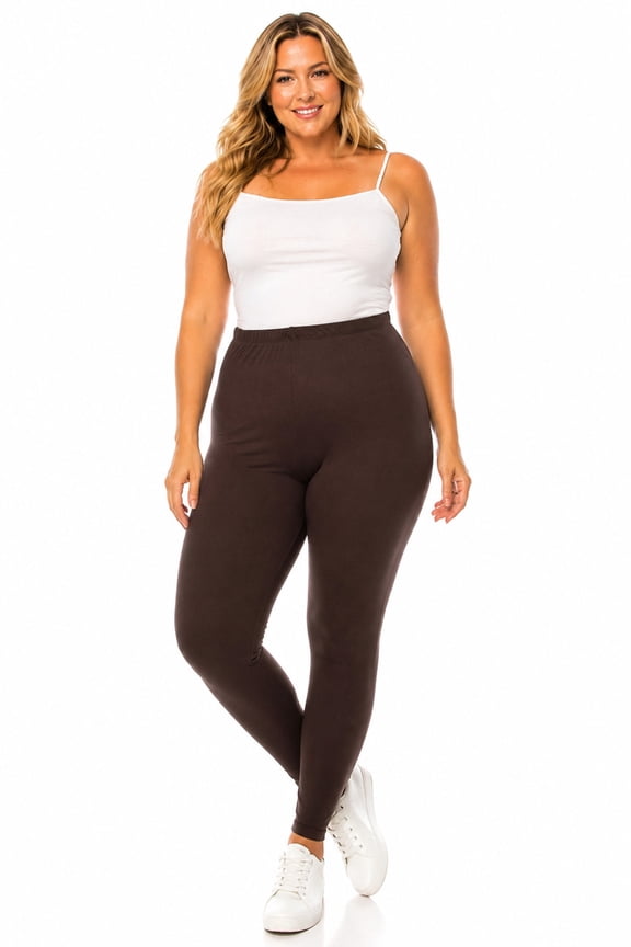 Women's Plus Size Microfiber Full Length Solid Leggings, Soft Stretch High Waist Pants