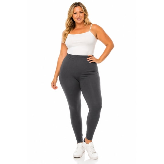Women's Plus Size Microfiber Full Length Solid Leggings, Soft Stretch High Waist Pants