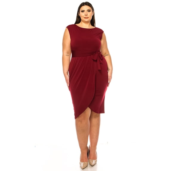 MOA Collection Women's Plus Size Sleeveless Sheath Dress Knife PleatsTulip Skirt Front Sash Detail