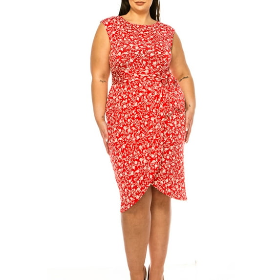 MOA Collection Women's Plus Size Sleeveless Sheath Dress Knife PleatsTulip Skirt Front Sash Detail