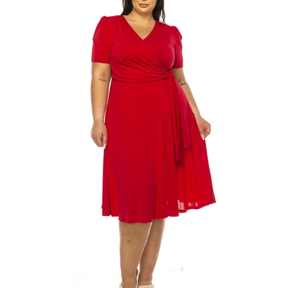 MOA Collection Women's Plus size Stylish Solid Faux Wrap Dress with Deep V-Neck