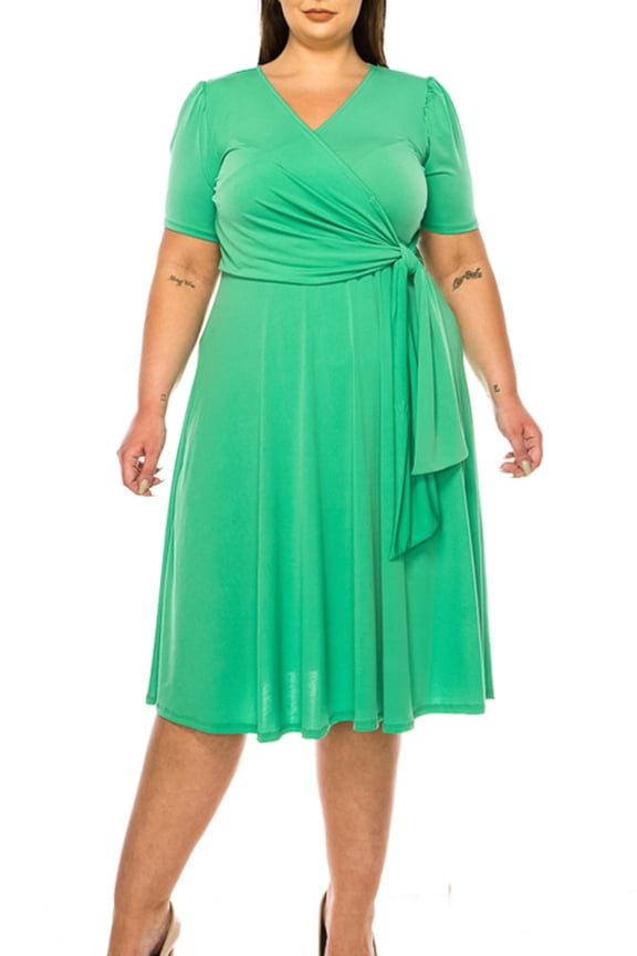 MOA Collection Women's Plus size Stylish Solid Faux Wrap Dress with Deep V-Neck