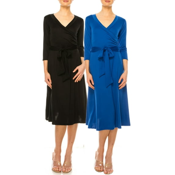 MOA Collection Women's Solid Wrap Dress 3/4 Sleeve V Neck Waist Tie Pack of 2