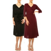 MOA Collection Women's Solid Wrap Dress 3/4 Sleeve V Neck Waist Tie Pack of 2