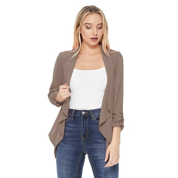 MOA Collection Women's Stylish Open Front Woven Blazer - 3/4 Sleeve Office Cardigan