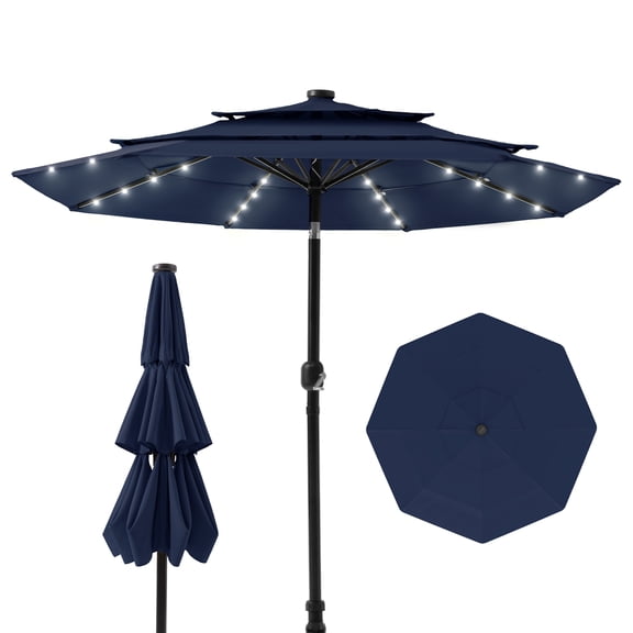 MOALCOFER 10FT Patio Umbrella with Solar LED,3-Tier Market Umbrella With Push Button Tilt for Pool & Backyard