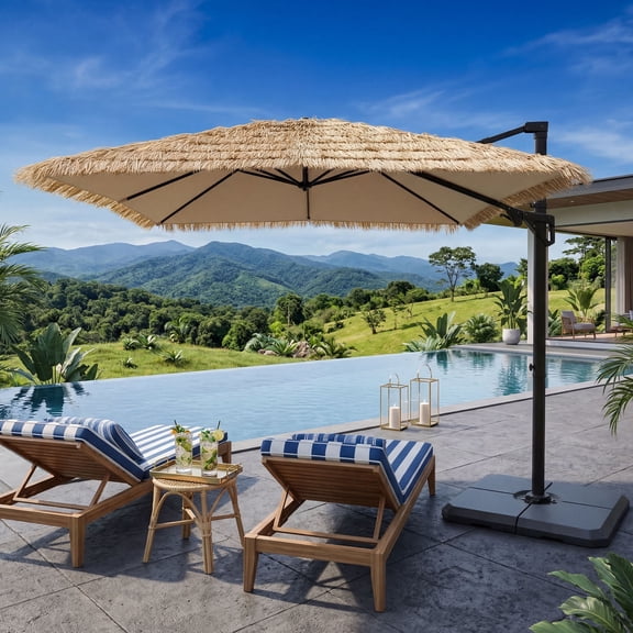 MOALCOFER 10x10FT Thatched Look Offset Patio Umbrella, 360° Rotation Cantilever Hanging Sun Shade with 8 Ribs, Crank & Tilt for Tropical Backyard, Tiki Bar, Thatched