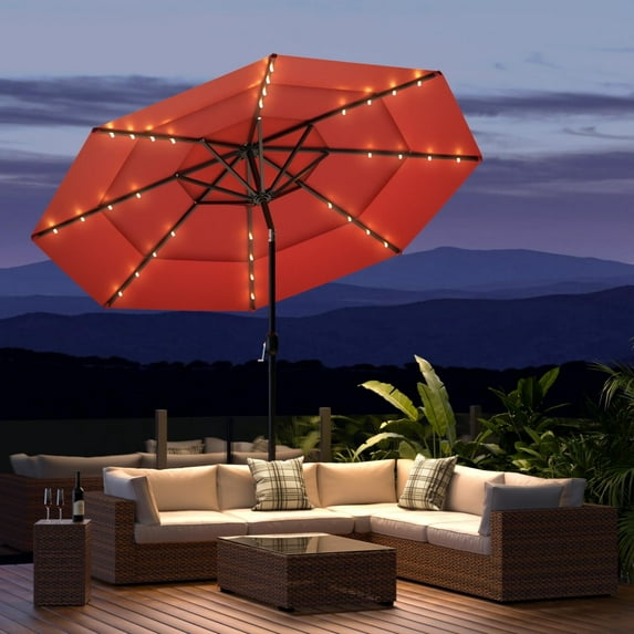 MOALCOFER 11FT Solar LED Patio Umbrella,3-Tier Market Umbrella With Push Button Tilt for Pool & Backyard