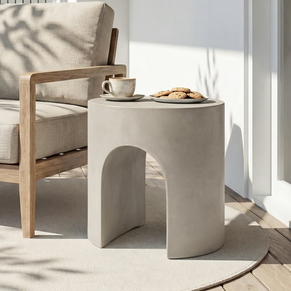 MOALCOFER 15.7" Arch-Shaped Outdoor Side Table, Modern Concrete Accent Table for Patio, Lightweight MgO End Table, Spotted Gray