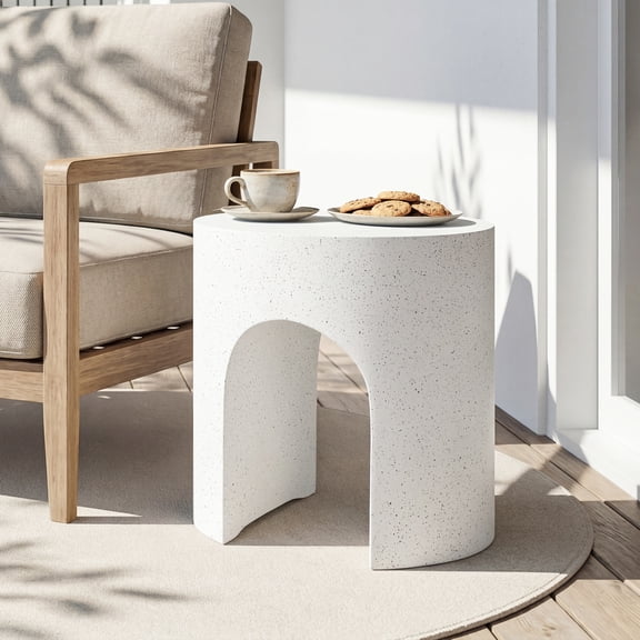 MOALCOFER 15.7" Arch-Shaped Outdoor Side Table, Modern Concrete Accent Table for Patio, Lightweight MgO End Table, Spotted White