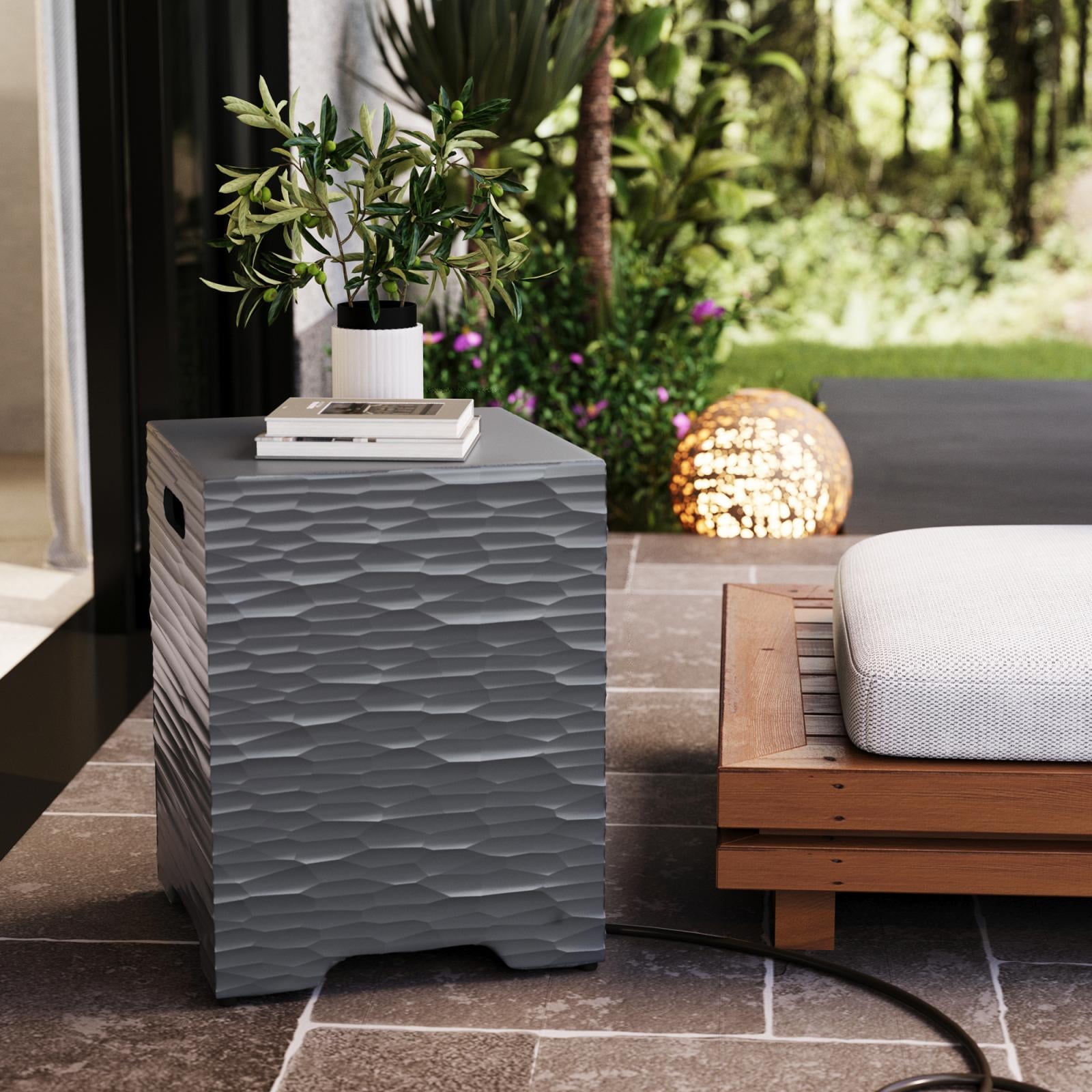 MOALCOFER 16''Outdoor Hideaway Tank Table for Gas Fire Pits, Hides Standard 20lb Propane Tank Cover (Gray)