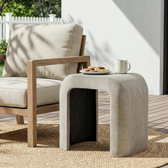 MOALCOFER 17.7" H Horseshoe-Shaped Outdoor Side Table, Modern MgO Accent Table for Patio, Rectangular Cement End Table, Grey
