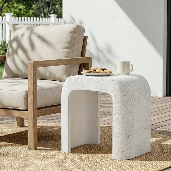 MOALCOFER 17.7" H Horseshoe-Shaped Outdoor Side Table, Modern MgO Accent Table for Patio, Rectangular Cement End Table, White