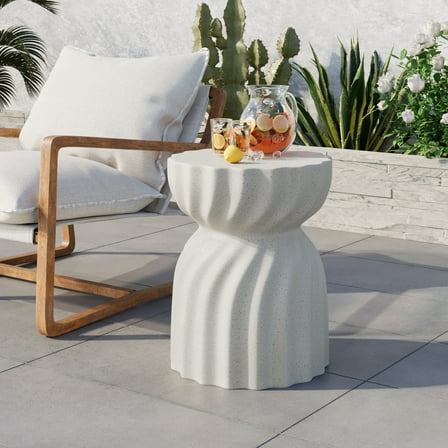 MOALCOFER 19" Concrete Outdoor Side Table,Round Lightweight Patio Accent Table,White