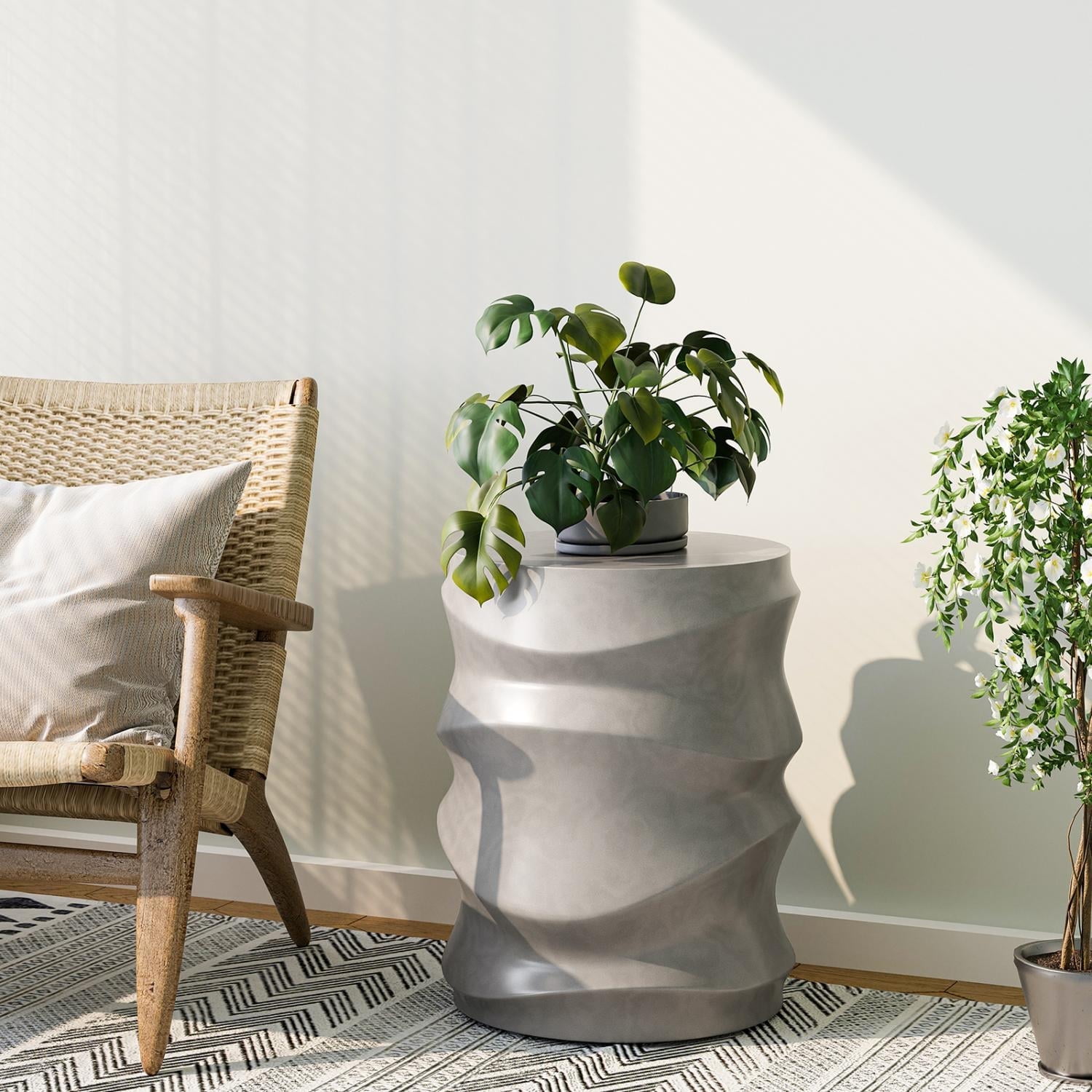 MOALCOFER 18" Concrete Outdoor Side Table, Round Accent End Table for Patio, Small Garden Stool or Plant Stand, Indoor/Outdoor Use,Grey