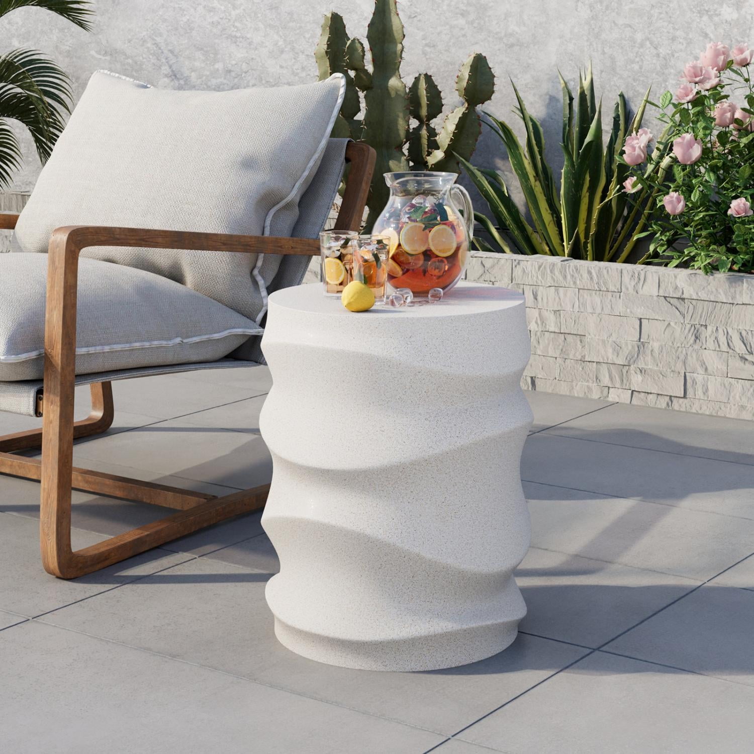MOALCOFER 18" Concrete Outdoor Side Table, Round Accent End Table for Patio, Small Garden Stool or Plant Stand, Indoor/Outdoor Use,White