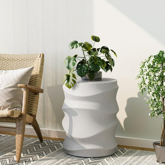 MOALCOFER 18" Concrete Outdoor Side Table Set of 2, Round Accent End Table for Patio, Small Garden Stool or Plant Stand, Indoor/Outdoor Use,White