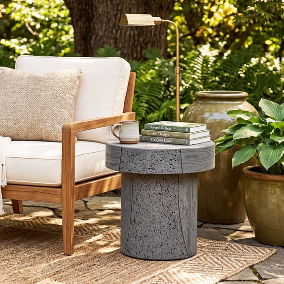 MOALCOFER 20" H Magnesium Oxide Round Side Table, Modern Outdoor Patio Garden End Table, Gray