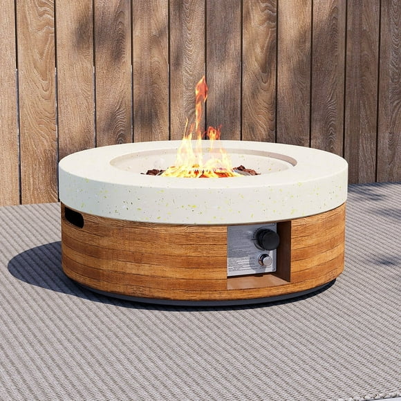 MOALCOFER 28'' Round Concrete Fire Pit Table,Dual-Texture Design with Lava Rocks and Cover
