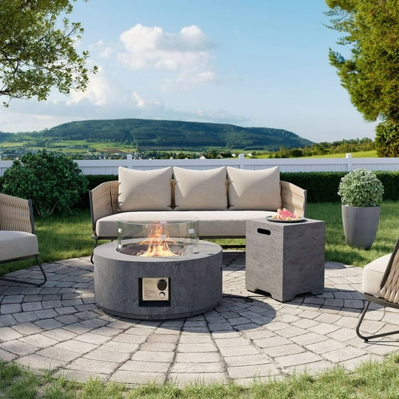 MOALCOFER 28" Round Outdoor Fire Pit Table with Tank Cover,Stone Texture Design