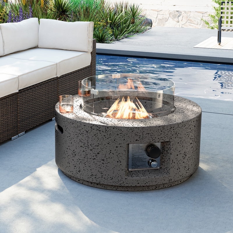 MOALCOFER 28'' Round Propane Gas Fire Pit Outdoor with Wind Guard,40,000 BTU Fire Pit Table Lava Rocks&Cover