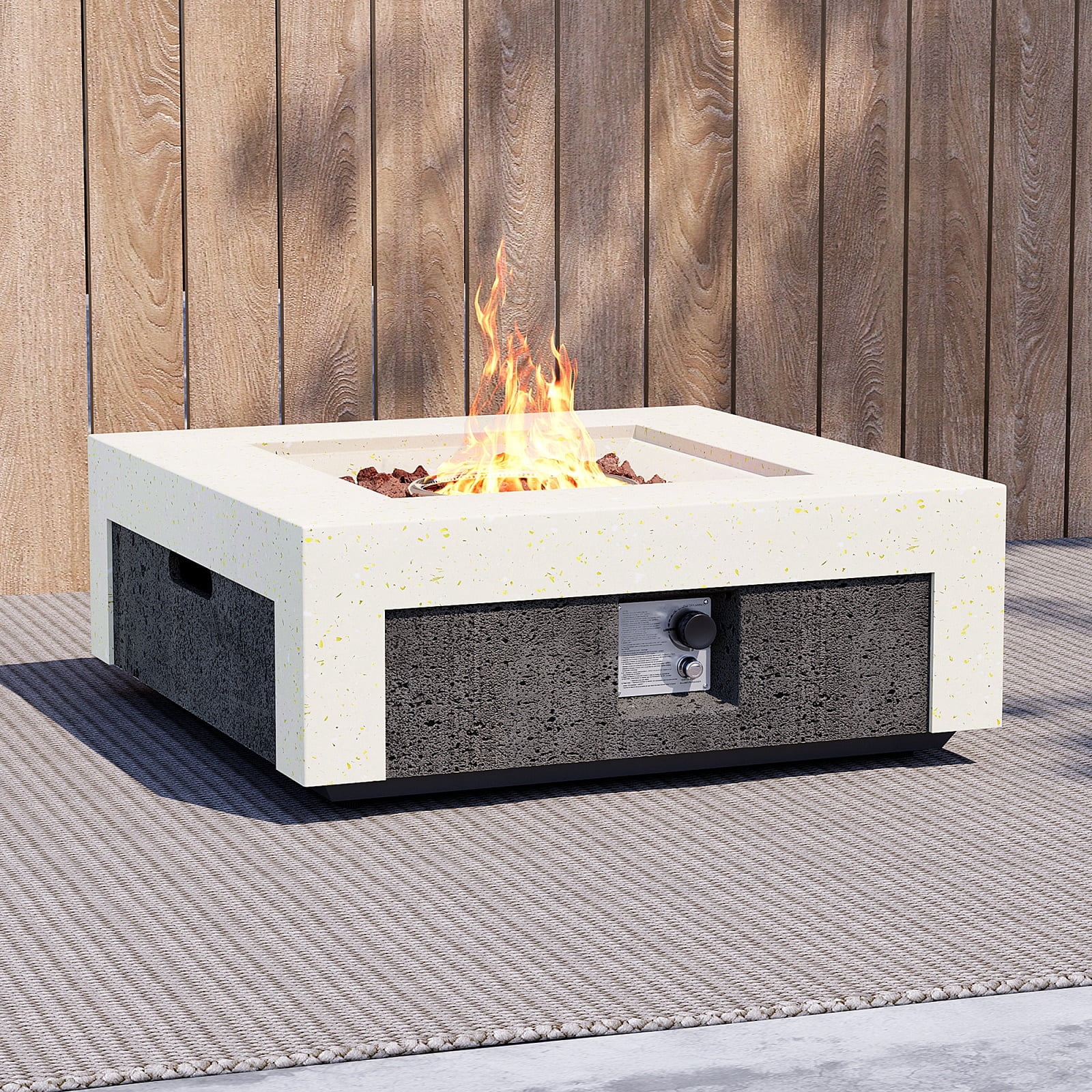 MOALCOFER 28'' Square Concrete Fire Pit Table,Dual-Texture Design with Lava Rocks and Cover