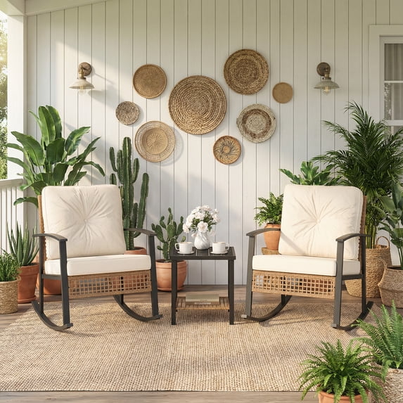 MOALCOFER 3-Piece Rattan Outdoor Rocking Chair Bistro Set with Thick Beige Cushions & 2-Tier Coffee Table, Weather-Resistant Patio Furniture for Porch, Balcony, Backyard & Garden